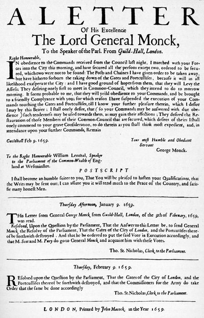 Lettera del generale Monck al presidente della Camera dei Comuni, 1659 da Unbekannt