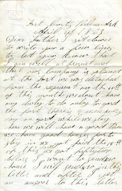 Lettera firmata David T. Massey, Fort Curtis, Helena, Ark., a suo padre (Nathan Massey), 21 aprile 1863 da Unbekannt