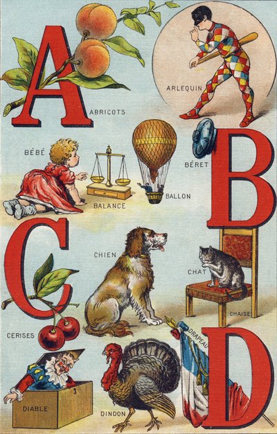 Lettere A B C D; Albicocche; Arlecchino; Bilancia; Palloncino; Bebe; Ciliegie; Gatto Sedia; Cane; Coperta; Diavolo; Tacchino; Bandiera da Unbekannt