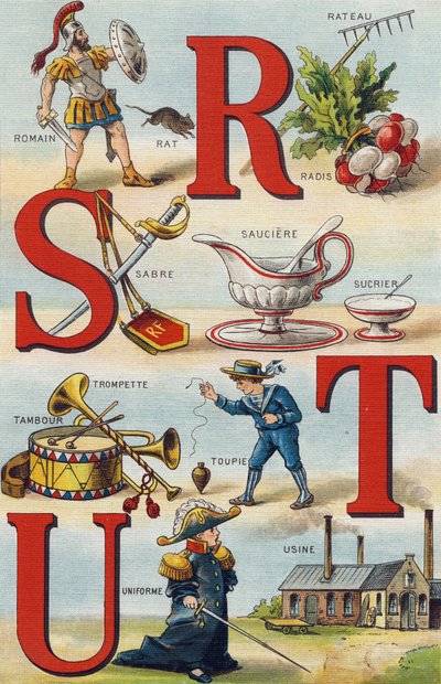 Lettere R S T U; Ravanello Rastrello; Romano; Sciabola; Salsiera Zucchero; Tromba tamburo; Trottola; Uniforme; Fabbrica da Unbekannt