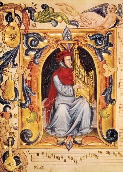 Lettrine con un uomo e un organo che inizia una partitura dal Codex Squarcialupi (di Antonio Squarcialupi) da Unbekannt