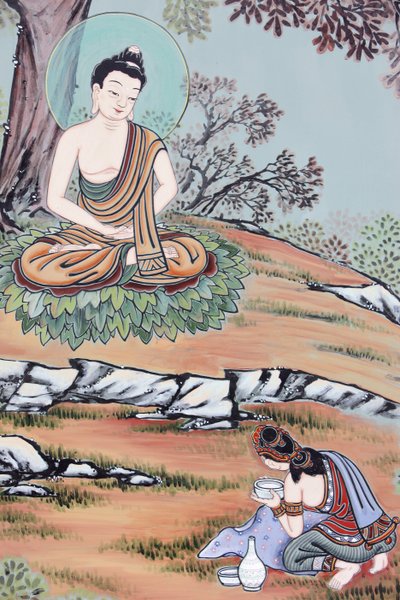 Vita del Buddha, Una giovane donna offrì al futuro Buddha una ciotola di riso e latte. Lui l