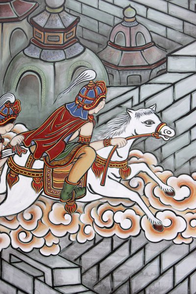 La vita del Buddha Siddhartha fuggì dal suo palazzo, accompagnato da Channa a bordo del suo cavallo Kanthaka, Seoul, Corea del Sud da Unbekannt