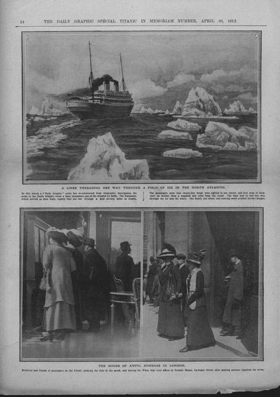 Transatlantico in un campo di ghiaccio e persone in attesa di notizie del disastro del Titanic, 20 aprile 1912 da Unbekannt
