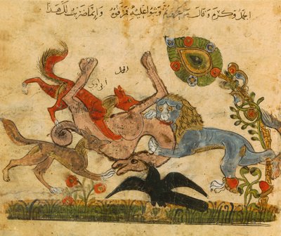 Il leone batte un cammello, libro di fiabe arabo-spagnolo Kalila Wo-Dimna da Unbekannt