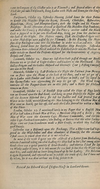 Lloyds News. Londra, 15 ottobre 1696 - Numb. 20, 1928 da Unbekannt
