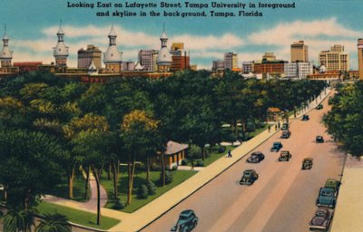 Guardando a est su Lafayette Street, Università di Tampa e skyline, Tampa, Florida, c1940s da Unbekannt