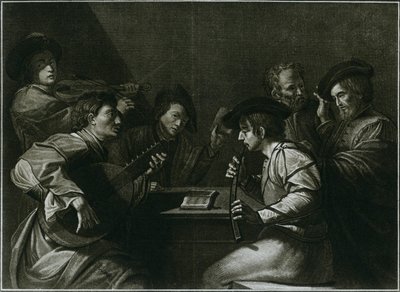Liuto, violino e zink curvo nero, incisione italiana dell