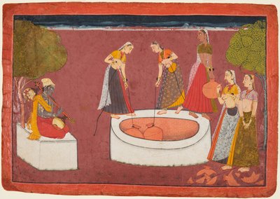 Madhava suona la vina davanti a cinque donne che attingono acqua da un pozzo da Unbekannt