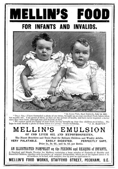 Pubblicità di rivista per Mellins Emulsion, un integratore alimentare a base di olio di fegato di merluzzo, c1890 da Unbekannt