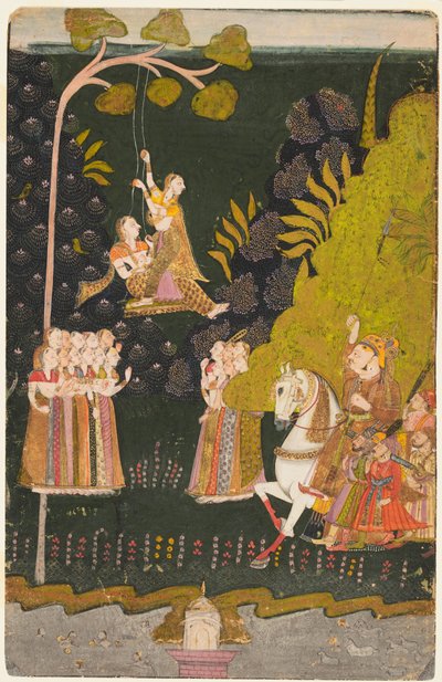 Maharaja Abhai Singh, Equestre, osserva le ragazze che dondolano al Festival di Teej, c. 1740 da Unbekannt