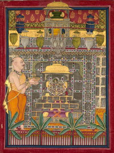Maharao Kishor Singh vestito come un sacerdote Vallabha che adora Krishna come Brijrajji, metà 1800 da Unbekannt