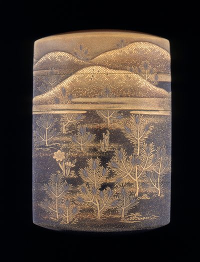 Inro laccato Makie decorato con pini stilizzati e colline, tardo periodo Edo, Giappone da Unbekannt