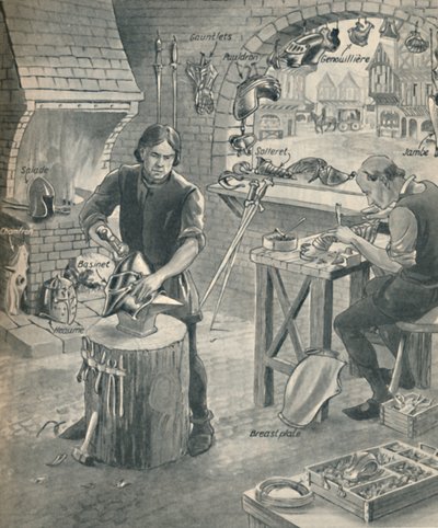 Fabbricazione di armature per i cavalieri di un tempo, c1934 da Unbekannt