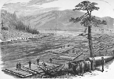 Costruzione di zattere sul fiume Susquehanna. Una scena sulla linea della Erie Railroad, 1883 da Unbekannt