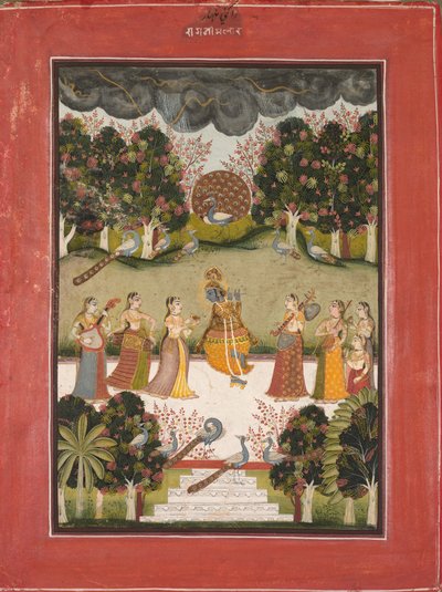 Malar Ragini: Krishna che Suona il Flauto a Sette Gopi che Tengono Strumenti Musicali..., c. 1760 da Unbekannt