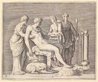 Uomo Assistito da Tre Donne, pubblicato ca. 1599-1622 da Unbekannt