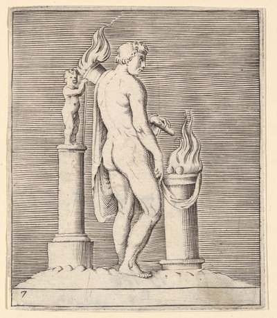 Uomo con torcia tra altare fiammeggiante e statuetta, pubblicato ca. 1599-1622 da Unbekannt