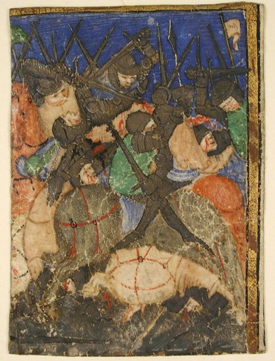 Frammento di manoscritto che mostra una scena della Scrittura ebraica, forse la vita del re Davide, c.1400 da Unbekannt