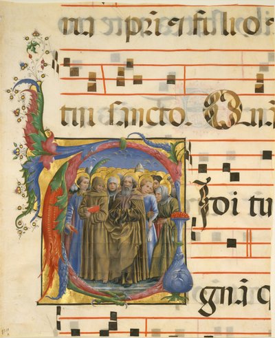 Illustrazione di manoscritto con Tutti i Santi in una iniziale V, da un antifonario, italiano da Unbekannt
