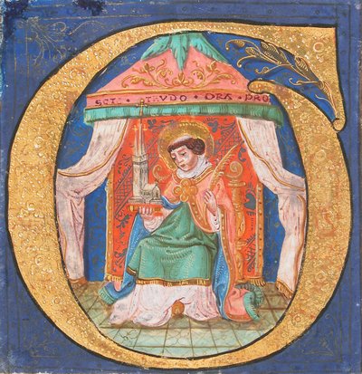 Illustrazione manoscritta con San Trudo Trond in una iniziale O, da un libro corale, XV secolo da Unbekannt