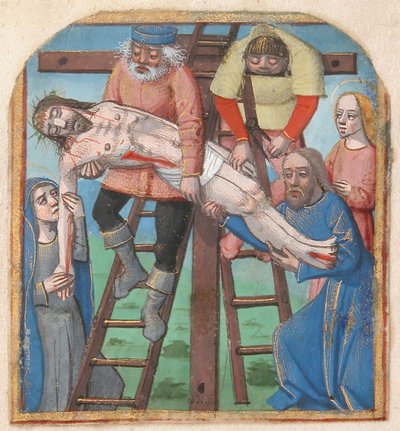 Illustrazione manoscritta con la discesa dalla croce, da un libro delle ore, fine XV secolo da Unbekannt