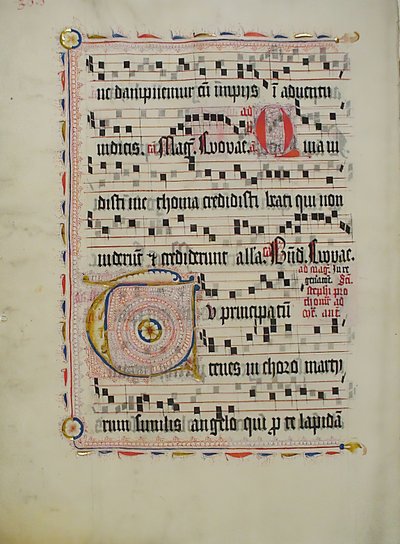 Foglio di manoscritto con iniziale T, da un antifonario, tedesco da Unbekannt