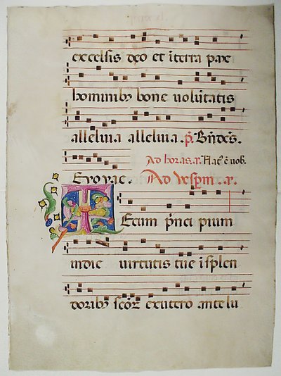Foglio di manoscritto con iniziale T, da un antifonario, italiano da Unbekannt