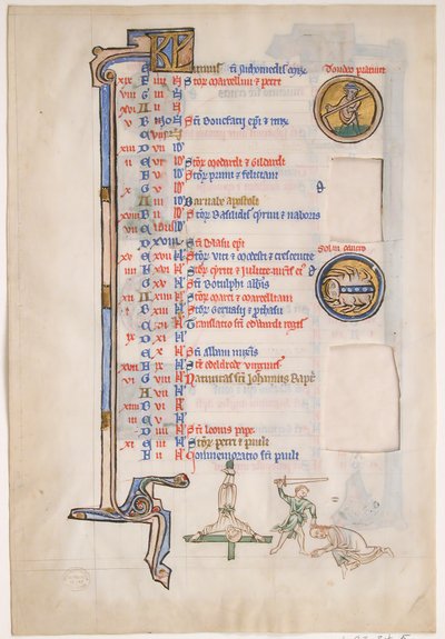 Foglio di manoscritto con calendario di giugno, da un Salterio reale, XIII secolo da Unbekannt