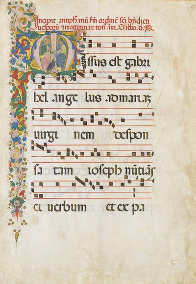 Foglio di manoscritto con San Giovanni Evangelista e San Giovanni Battista in un..., seconda metà del XV secolo da Unbekannt