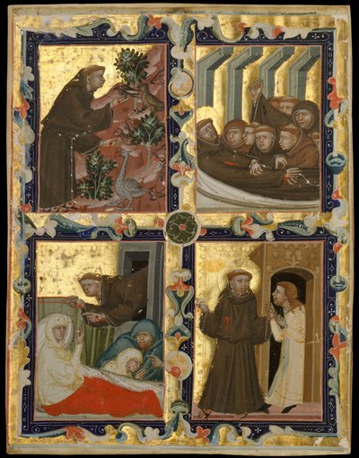 Foglio di manoscritto con scene della vita di San Francesco d