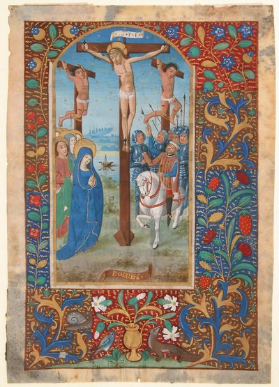 Foglio di manoscritto con la crocifissione, da un libro delle ore, ultimo quarto del XV secolo da Unbekannt