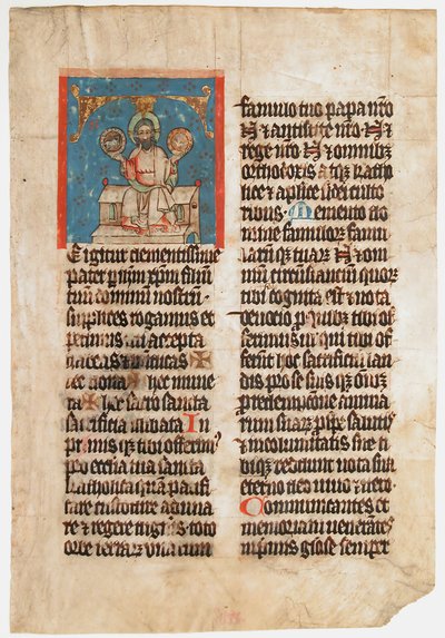 Foglio di Manoscritto con la Santissima Trinità in una Iniziale T, da un Messale, ca. 1390 da Unbekannt