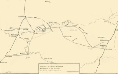 Mappa che illustra i movimenti per il soccorso di Kimberley e la cattura di Bloemfontein, 1901 da Unbekannt