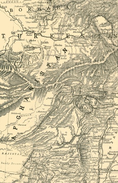 Mappa che indica il percorso del generale Roberts verso Kabul...e i confini britannici e russi, 1901 da Unbekannt