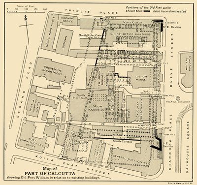 Mappa di una parte di Calcutta che mostra il Vecchio Fort William in relazione agli edifici esistenti, 1925 da Unbekannt