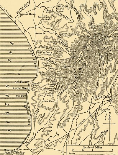 Mappa di Sari Bair, penisola di Gallipoli, Prima Guerra Mondiale, 1915 da Unbekannt