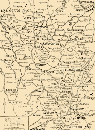 Mappa che mostra il confine tra Francia e Germania, Prima Guerra Mondiale, c1915, c1920 da Unbekannt