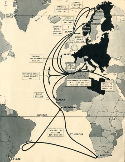 Mappa che mostra i movimenti della HMS Ark Royal, 1939-1941 da Unbekannt