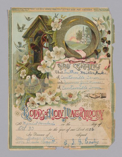 Certificato di matrimonio di Luther Miller Pulce e Irene Jenkins, 30 ottobre 1902 da Unbekannt