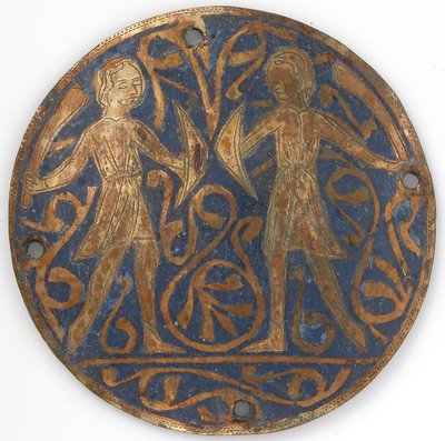 Medaglione con due giovani guerrieri con falcioni e scudi, francese, ca. 1240-60 da Unbekannt