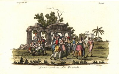 Uomini e donne che ballano la moderna danza Candiota o Candiotta, popolare sull