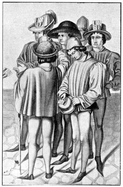 Uomini che indossano favori nei loro cappelli, 15° secolo, 1910 da Unbekannt
