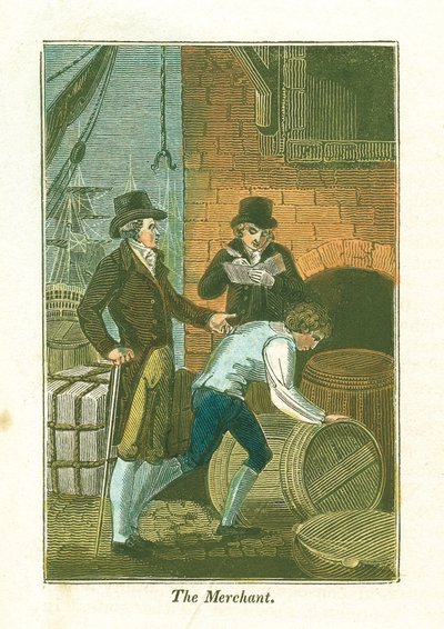 Mercante e il suo impiegato al molo che controllano le merci in un magazzino, 1823 da Unbekannt