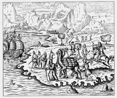 Mercanti che trasportano merci alla costa e una nave in attesa con cammelli, 1575 da Unbekannt
