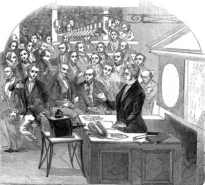 Michael Faraday che tiene una lezione su elettricità e magnetismo, Royal Institution, Londra, 1846 da Unbekannt