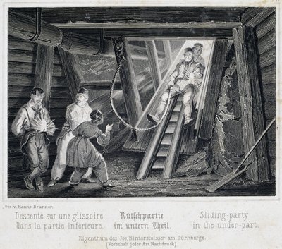 Miniera di sale: Visitatore che scivola su uno scivolo che conduce nei sotterranei, a Durrnburg, Austria da Unbekannt