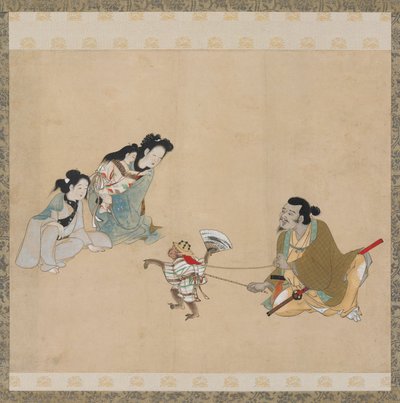Addestratore di scimmie e scimmia che esegue una danza, periodo Edo, fine XVII secolo da Unbekannt