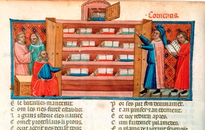 Monaci e studenti in una biblioteca, XV secolo da Unbekannt
