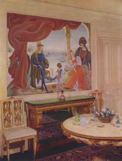 Murale di Beatrice MacDermott, che raffigura una scena veneziana, incorniciato in uno dei pannelli della sala da pranzo da Unbekannt